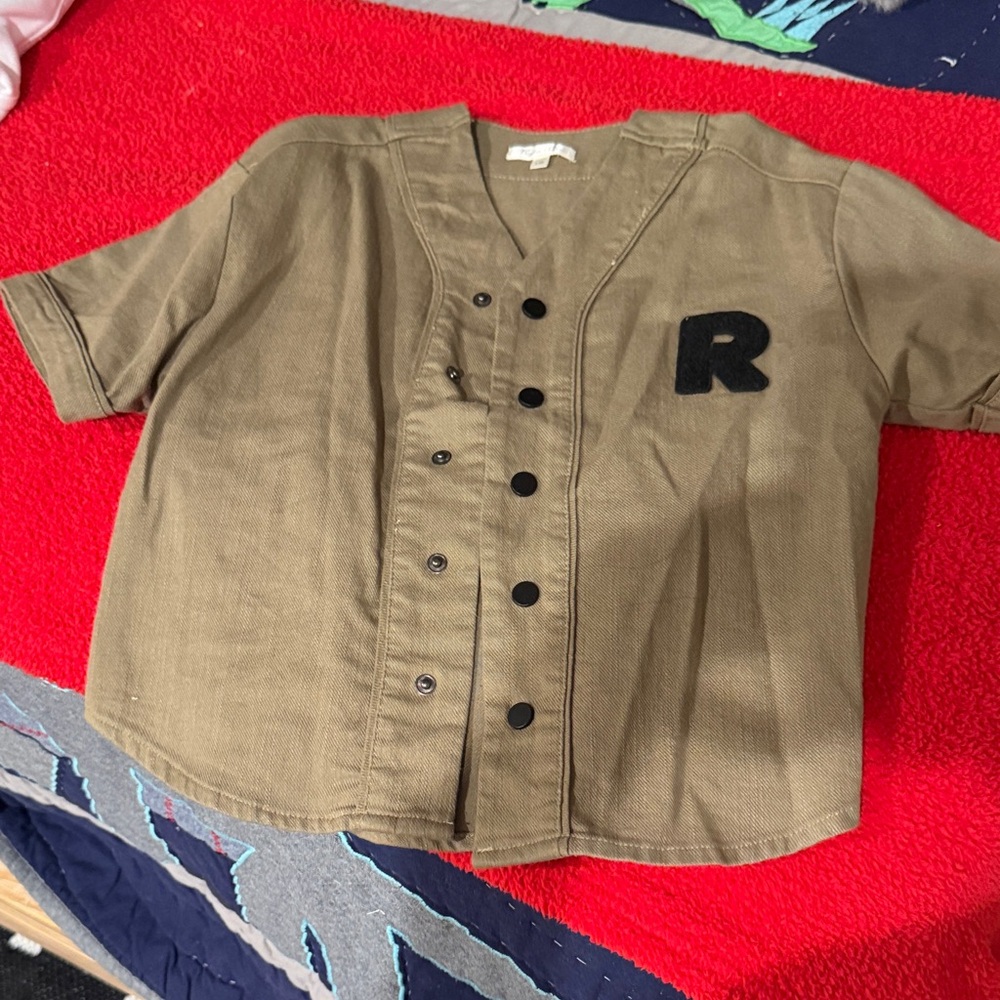 Rylee + Cru Tan Button-Up Shirt with Black Patch